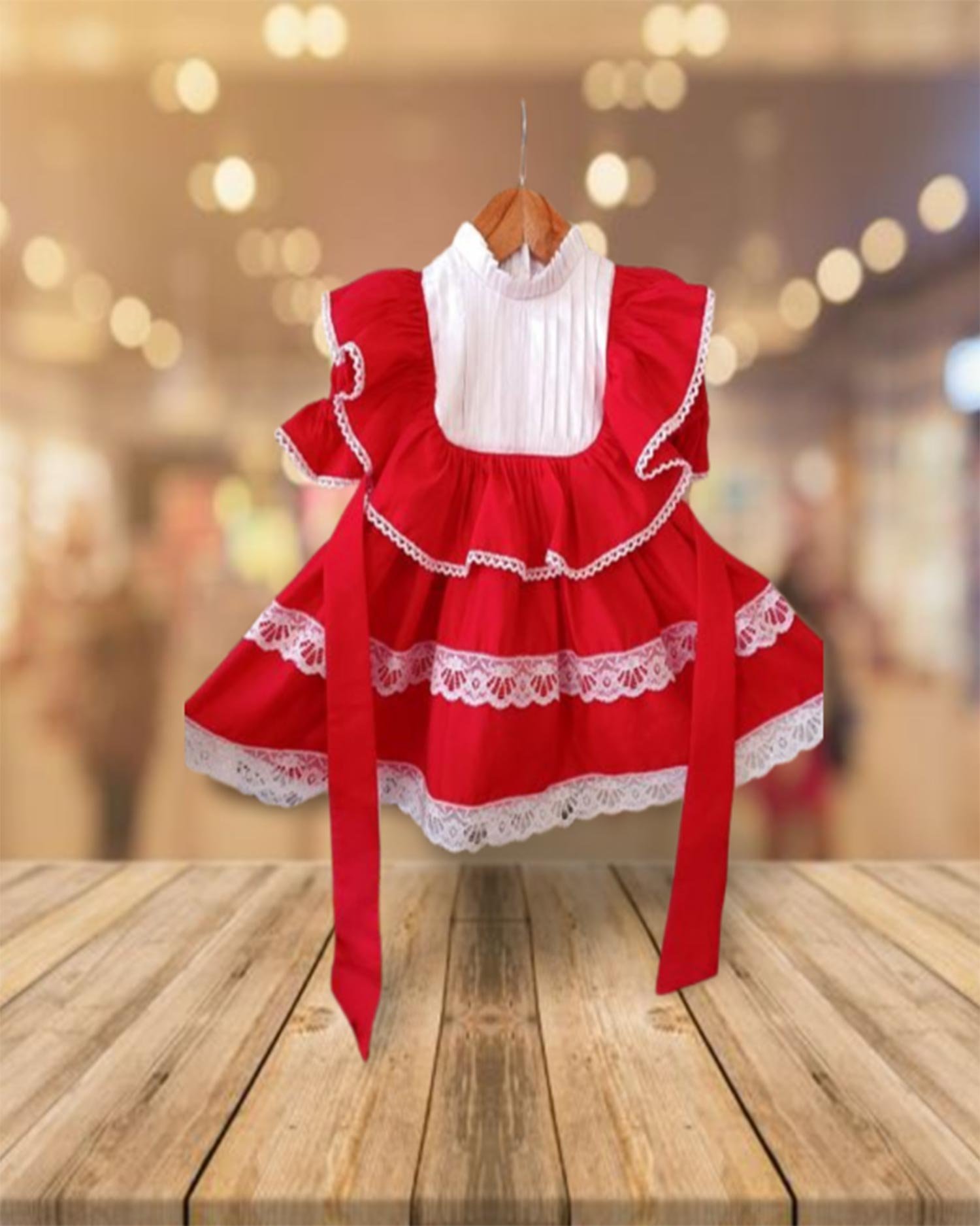 Cherry red triple frilled frock with laces